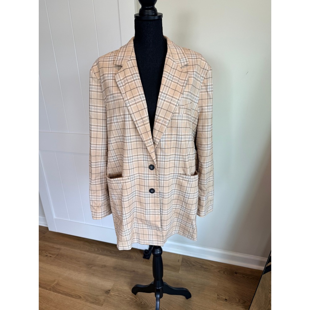 Reclaimed Vintage Plaid Blazer Tan Cream Oversized Longline Jacket US 10